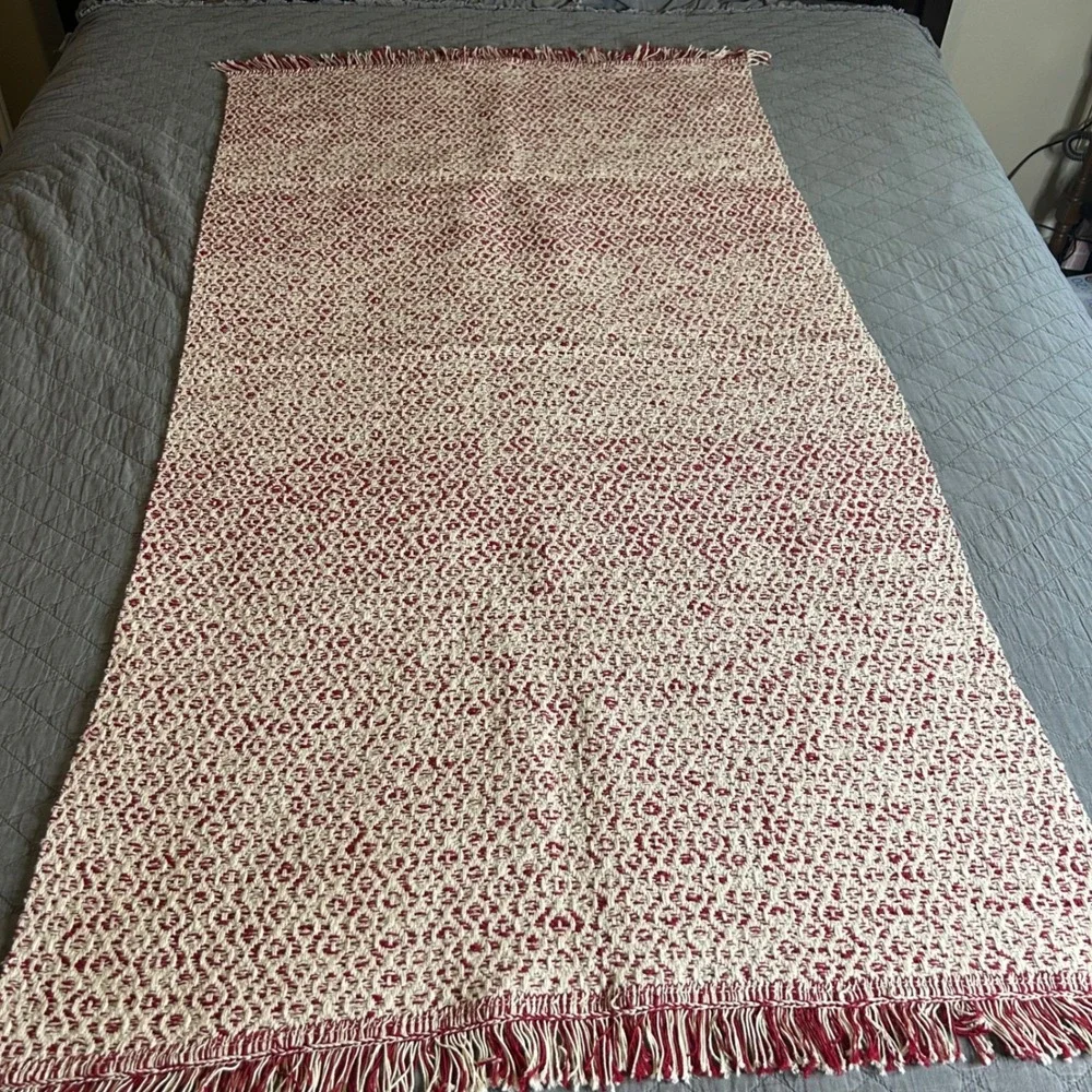 IKEA Rorkar Throw Blanket Rug 31x59 Cream Red Cotton Diamond Pattern Fringe